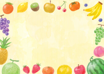色々なフルーツの水彩風手描きフレーム-横型-黄色背景