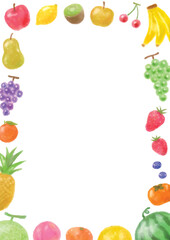 色々なフルーツの水彩風手描きフレーム-縦型-白背景