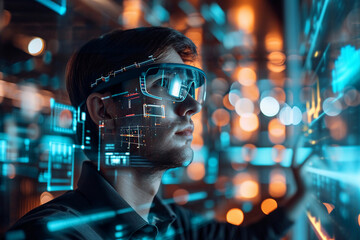 A focused man interacts with a futuristic virtual reality interface, featuring digital graphics and data projections, highlighting technology's cutting-edge potential.

