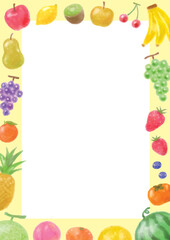色々なフルーツの水彩風手描きフレーム-縦型-黄色フチ白背景

