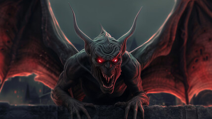 Fototapeta premium Gargoyle Evil Watchman Statue Glowing Red Eyes Gothic Stone