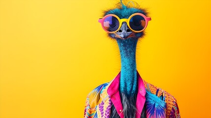 Creative animal concept. emu bird,vibrant bright fashionable outfits isolated on solid background advertisement with copy space. birthday party invite invitation banner