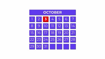 3rd October calendar icon animation. Alpha matte with transparent background 4K resolution.