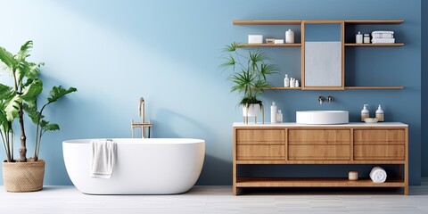 Contemporary bathroom with white sink, wooden vanity, plants, accessories, bathtub, shower, white...