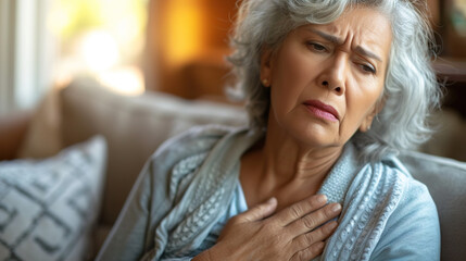 Old woman senior holding his chest with a sad and pained expression - obrazy, fototapety, plakaty