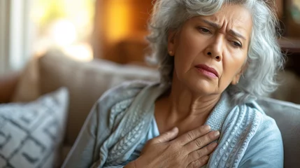 Fotobehang Old woman senior holding his chest with a sad and pained expression © kraftbunnies