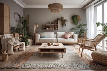 A luxurious apartment's modern living room design features a gray sofa, a rattan armchair, a wooden cube, a plaid rug, a tropical plant, and fine accents. Elegant interior design. Template