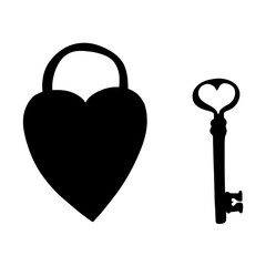 Heart Lock and key silhouette. Valentine day collection. Hand drawn black cartoon cute elements in retro vintage style. Childish drawing set. Love Hearts Valentine’s Day vector illustration.
