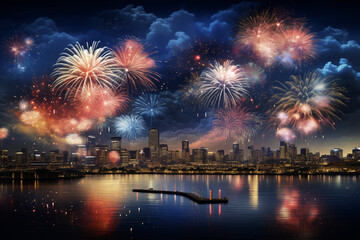 Fototapeta na wymiar Fireworks City Night View Is Gorgeous Background