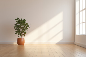 Fototapeta na wymiar Empty light room interior with plant and shadow