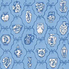 Blue and white pottery seamless pattern toile. High quality illustration - 725178904