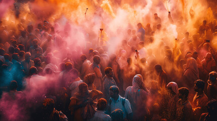 Mesmerizing Holi Festival Crowd Enveloped in Vivid Color Haze