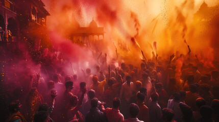 Holi Festival Celebrations with Colorful Powder Thrown in Air - obrazy, fototapety, plakaty