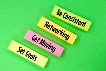 colored paper with the words or things of the four habits to succeed, namely be consistent, Networking, Get Moving and Set Goals