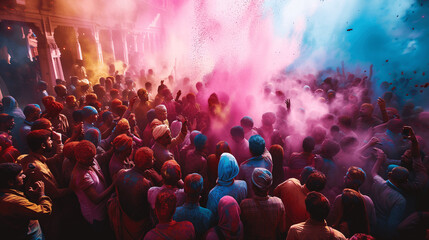 Fototapeta na wymiar Holi Festival Enthusiasts Engulfed in a Burst of Colorful Powders