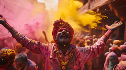 Exultant Man Celebrating Holi with Arms Raised in a Cloud of Colors