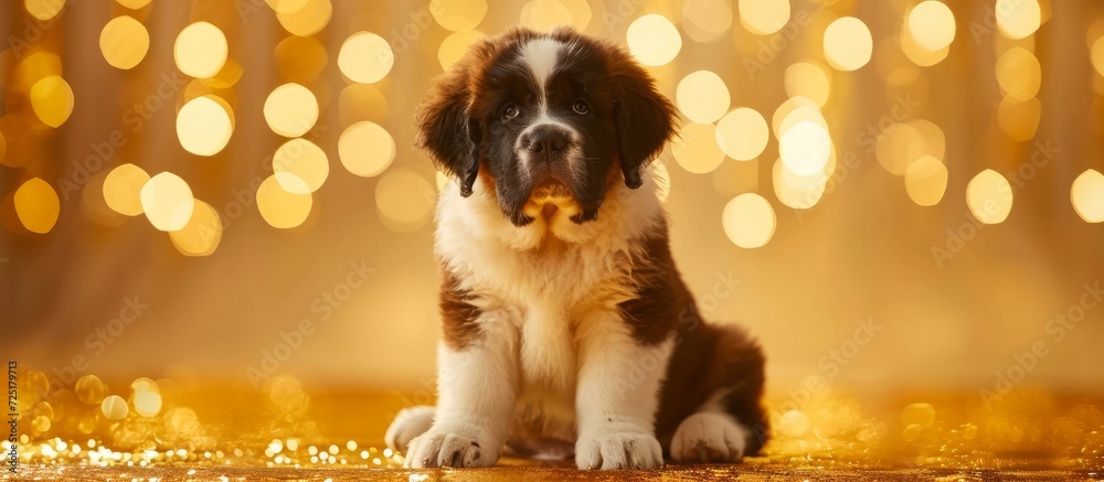 Sticker St Bernard pup seated alone on golden backdrop.