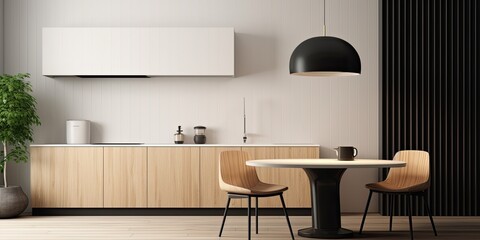 Modern and chic kitchen with white furniture, wooden walls, and a table with two black chairs under a modern lamp.