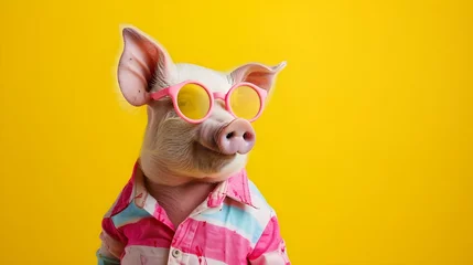Foto op Plexiglas Creative animal concept.Pig, vibrant bright fashionable outfits isolated on solid background advertisement with copy space. birthday party invite invitation banner © Muzikitooo
