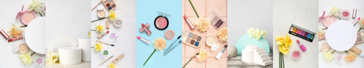 Collage of decorative cosmetics and daffodil flowers on color background