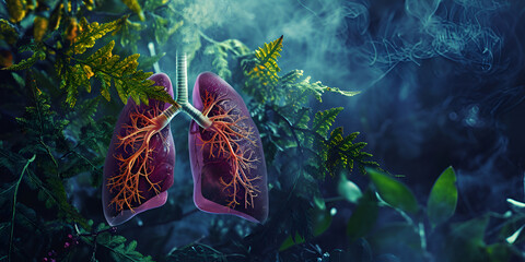 Plant Lungs relationship  'breathe' in and out oxygen and carbon dioxide, graphic design of human lungs anatomy  - obrazy, fototapety, plakaty