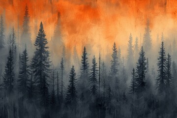 Mysterious midnight forest with a gradient of deep orange. AI generative