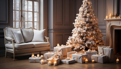 Comfortable living room with illuminated Christmas tree decoration generated by AI