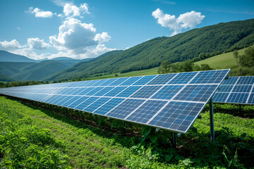 Solar energy panel photovoltaic cell and farm power generator in nature landscape, Generative AI