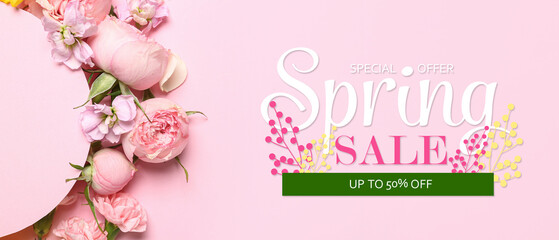 Beautiful flowers on pink background. Spring Sale