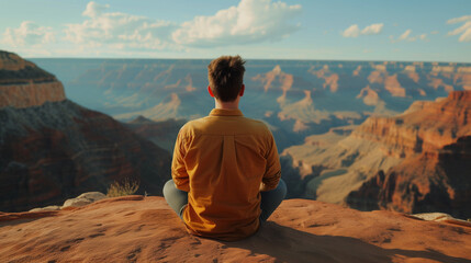 景色の良い崖の上で瞑想（ヨガ）をするシャツを着た男性の後ろ姿 - obrazy, fototapety, plakaty