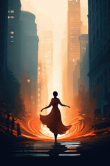 painting og a happy girl dancing in the city streets