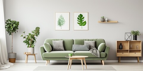 Photo of grey sofa with green cushion and blanket in white living room with posters, plants, armchair, wooden coffee table, book, and tea mug.