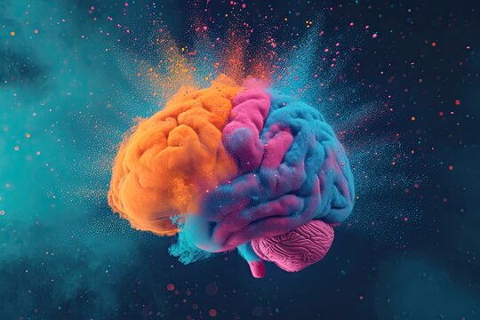 Illustration of a human brain with colorful and imaginative design elements. Representing creativity, innovation, imagination, and ideation for artistic and knowledge