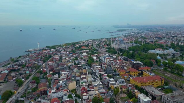 Blue Mosque and Hagia Sophia aerial view at Sultan Ahmet at Park in Sultanahmet district in historic city of Istanbul, Turkey. Historic Areas of Istanbul is a UNESCO World Heritage Site. 