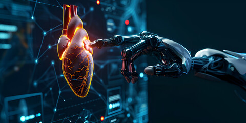 Heart with robotic hand ,AI surgen , adaptive heart scape futuristic, medical lab,  improves your heart's ability to pump blood by walking 3D rendering awareness banner

 - obrazy, fototapety, plakaty