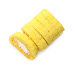 Delicious cake roll with cream filling isolated on white, top view