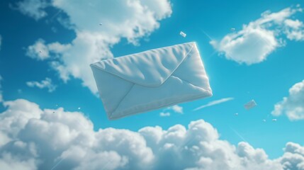 Hyper-realistic digital communication concept with a playful 3D envelope against fluffy clouds. Symbol of online connectivity and communication.