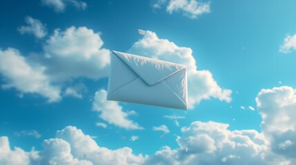 Hyper-realistic digital communication concept with a playful 3D envelope against fluffy clouds. Symbol of online connectivity and communication.