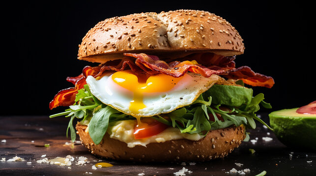 Hearty Breakfast Sandwich on a Bagel with eggs bacon vegetable and cheese