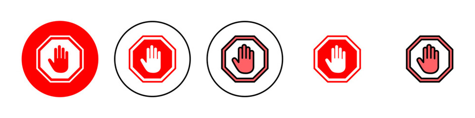 Stop icon set illustration. stop road sign. hand stop sign and symbol. Do not enter stop red sign with hand
