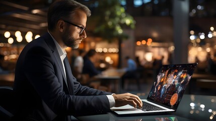 A man working on laptop in cafe, wearing a suit.