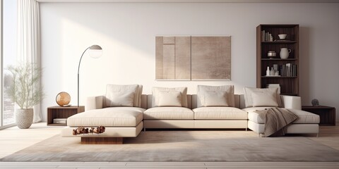 Trendy living room with carpet and sofas.