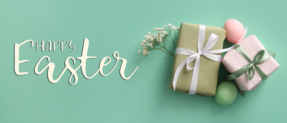Fototapeta na wymiar Easter greeting banner with gifts, eggs and flowers