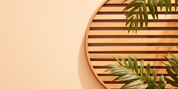 Wooden Slatted Round Outdoor Table On Beige Background From Above View.