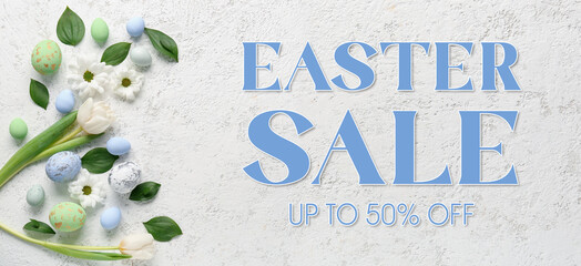 Banner for Easter sale with eggs and flowers