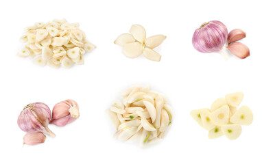 Whole and cut fresh garlic isolated on white, set