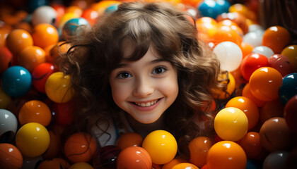 Fototapeta na wymiar Smiling, cute girl playing with colorful balloons at joyful party generated by AI