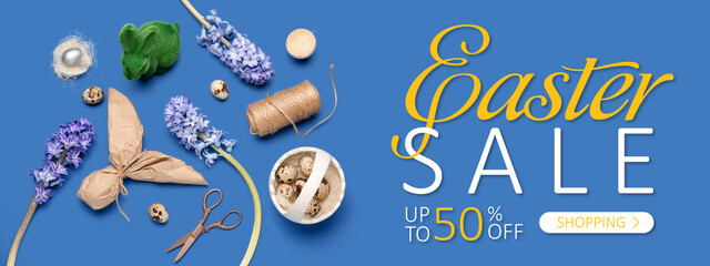 Fototapeta premium Banner for Easter sale with eggs, gift and flowers