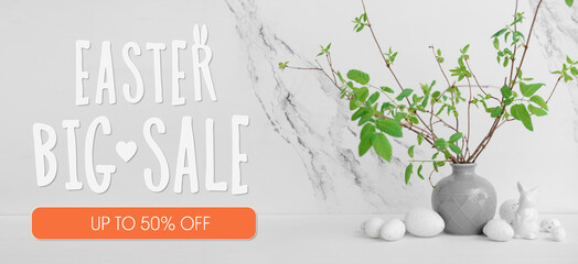 Banner for Easter sale with vase, eggs and toy bunny