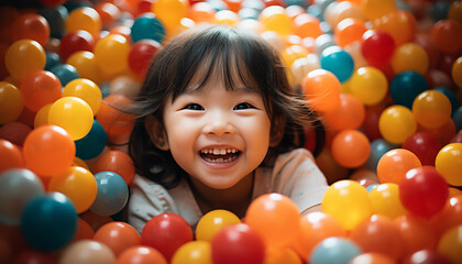 Fototapeta na wymiar Smiling child playing with colorful balloons, pure happiness and joy generated by AI